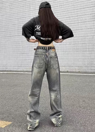 【4/26再販】Vintage grunge strike mid-length distressed wide denim pants  HL3144