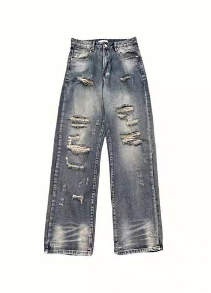 【4/26再販】Vintage grunge strike mid-length distressed wide denim pants  HL3144