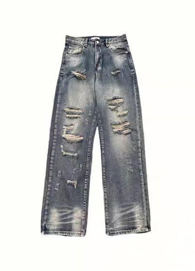 【4/26再販】Vintage grunge strike mid-length distressed wide denim pants  HL3144