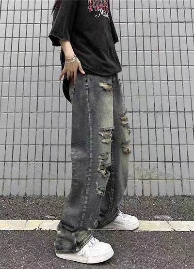 【4/26再販】Vintage grunge strike mid-length distressed wide denim pants  HL3144