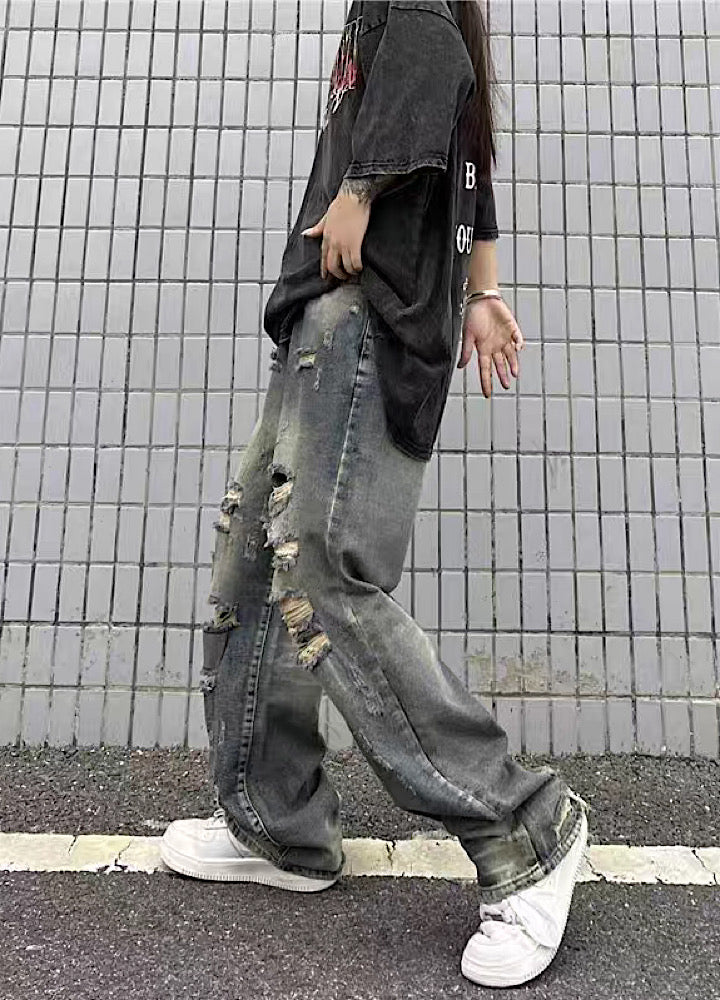 【4/26再販】Vintage grunge strike mid-length distressed wide denim pants  HL3144