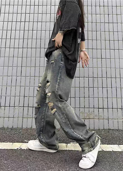【4/26再販】Vintage grunge strike mid-length distressed wide denim pants  HL3144