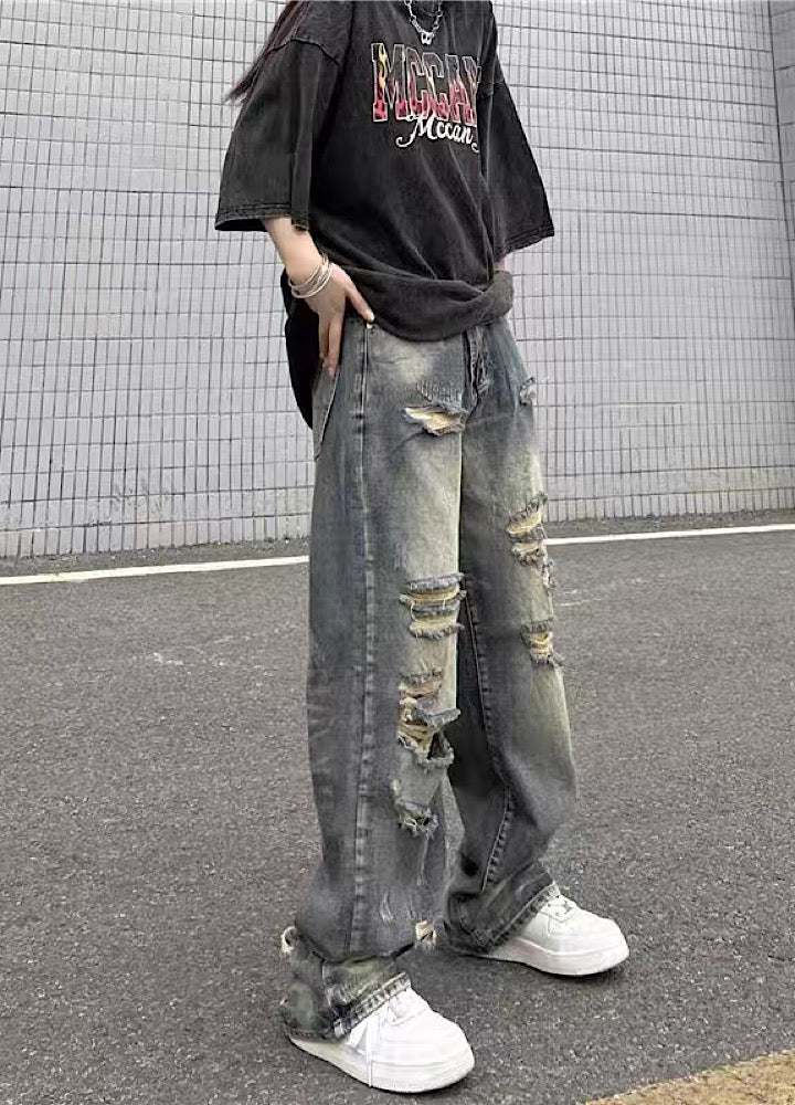 【4/26再販】Vintage grunge strike mid-length distressed wide denim pants  HL3144