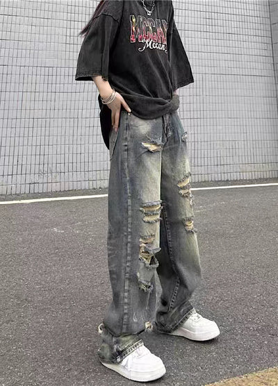 【4/26再販】Vintage grunge strike mid-length distressed wide denim pants  HL3144