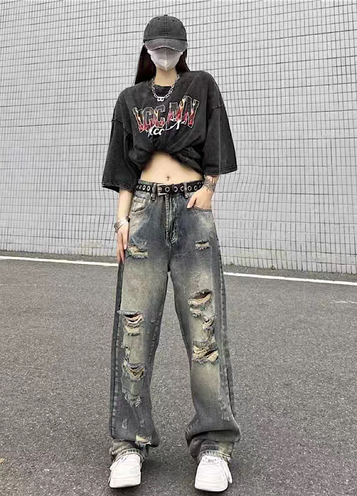 【4/26再販】Vintage grunge strike mid-length distressed wide denim pants  HL3144