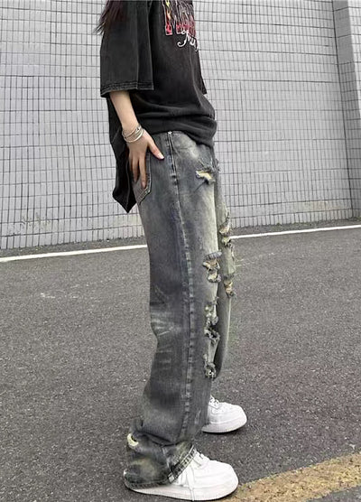 【4/26再販】Vintage grunge strike mid-length distressed wide denim pants  HL3144