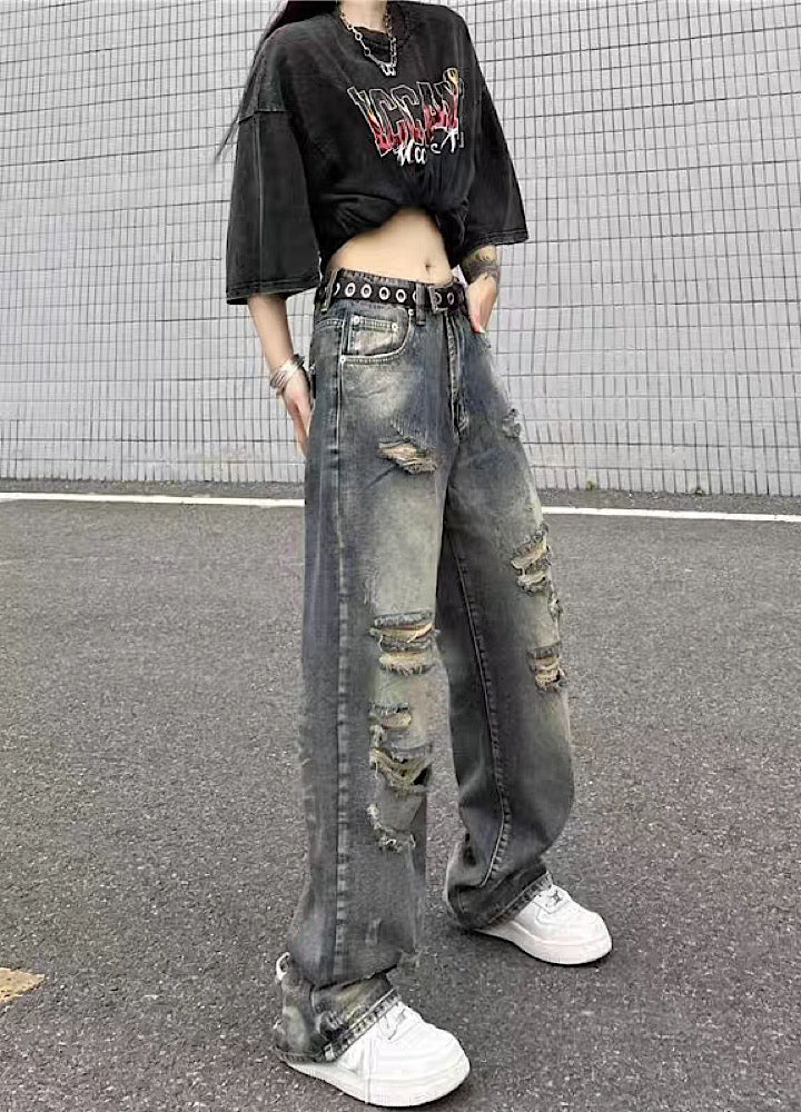 【4/26再販】Vintage grunge strike mid-length distressed wide denim pants  HL3144