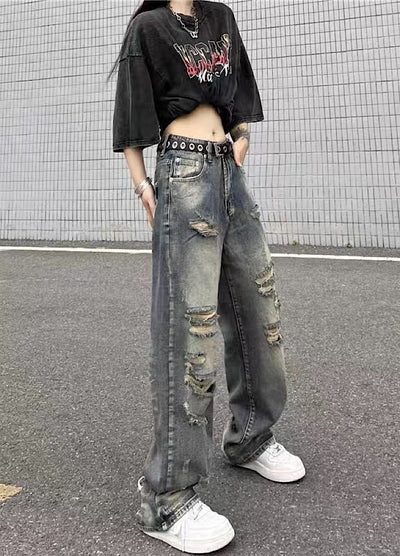 【4/26再販】Vintage grunge strike mid-length distressed wide denim pants  HL3144