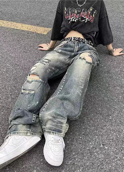 【4/26再販】Vintage grunge strike mid-length distressed wide denim pants  HL3144