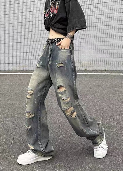 【4/26再販】Vintage grunge strike mid-length distressed wide denim pants  HL3144