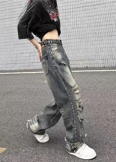 【4/26再販】Vintage grunge strike mid-length distressed wide denim pants  HL3144