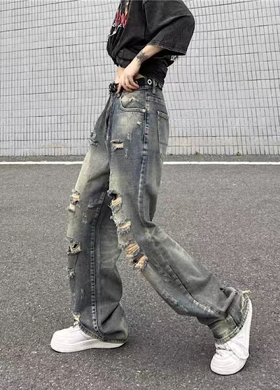 【4/26再販】Vintage grunge strike mid-length distressed wide denim pants  HL3144