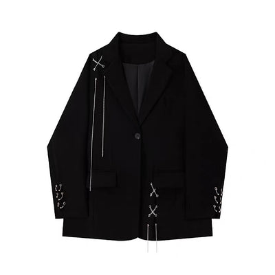 【LHSEN】Metal silver chain design simple black color tailored jacket  LS0004