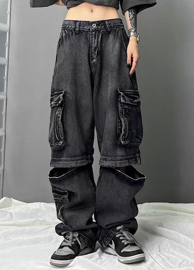 【JEM】Gimmick design multi-wide wash cargo denim pants  JE0036