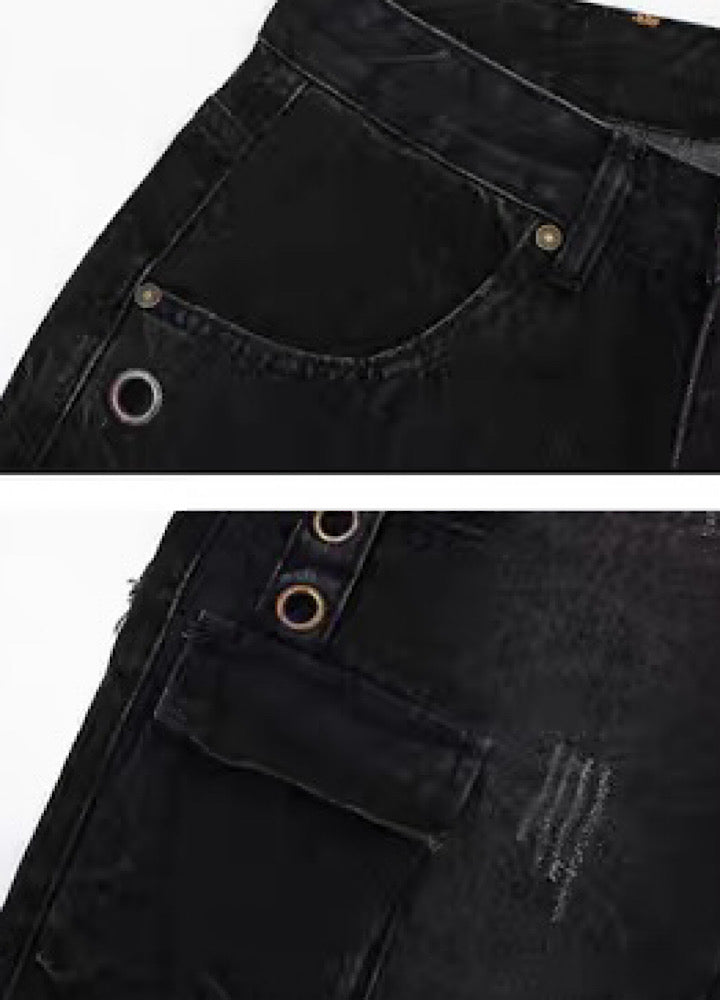 [MAXDSTR] Multi-pocket graphic design cargo denim pants MD0130