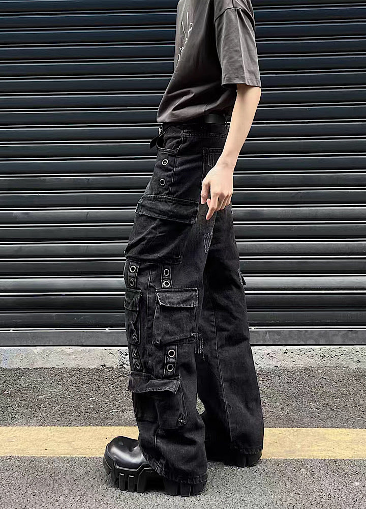 MAXDSTR】Multi-pocket graphic design cargo denim pants