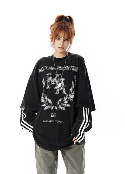 【H GANG X】American casual style casual grunge design gimmick long sleeve T-shirt  HX0011
