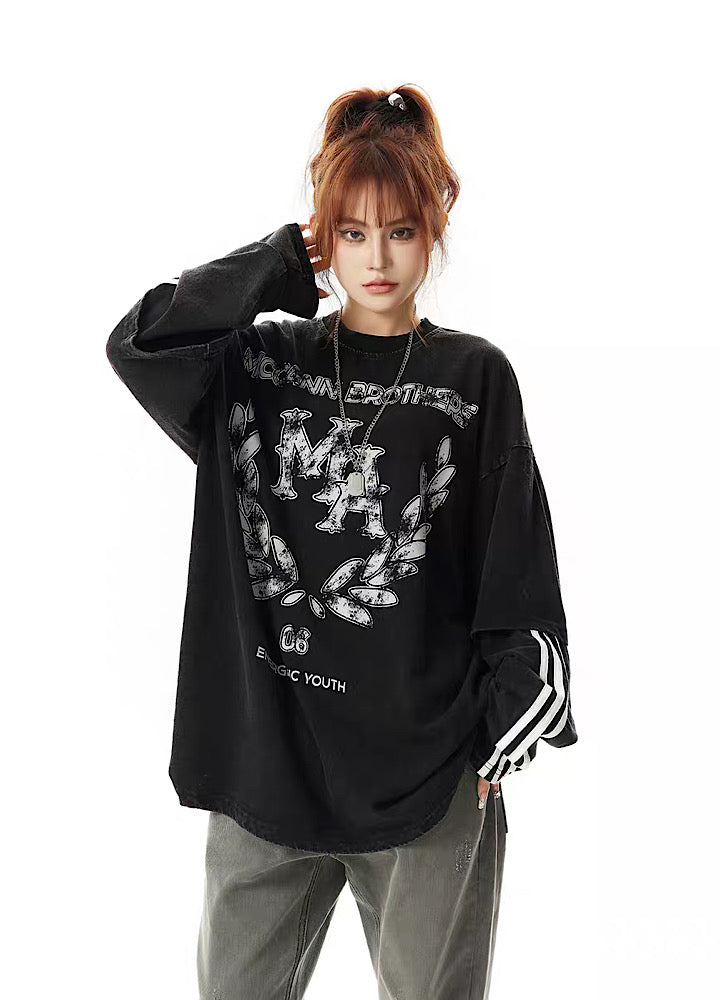 [H GANG X] American casual style casual grunge design gimmick long sleeve T-shirt HX0011