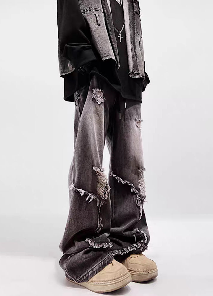 【UUCSCC】Loose silhouette middle distressed black denim pants  US0056