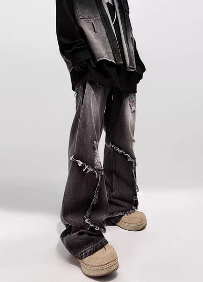 【UUCSCC】Loose silhouette middle distressed black denim pants  US0056