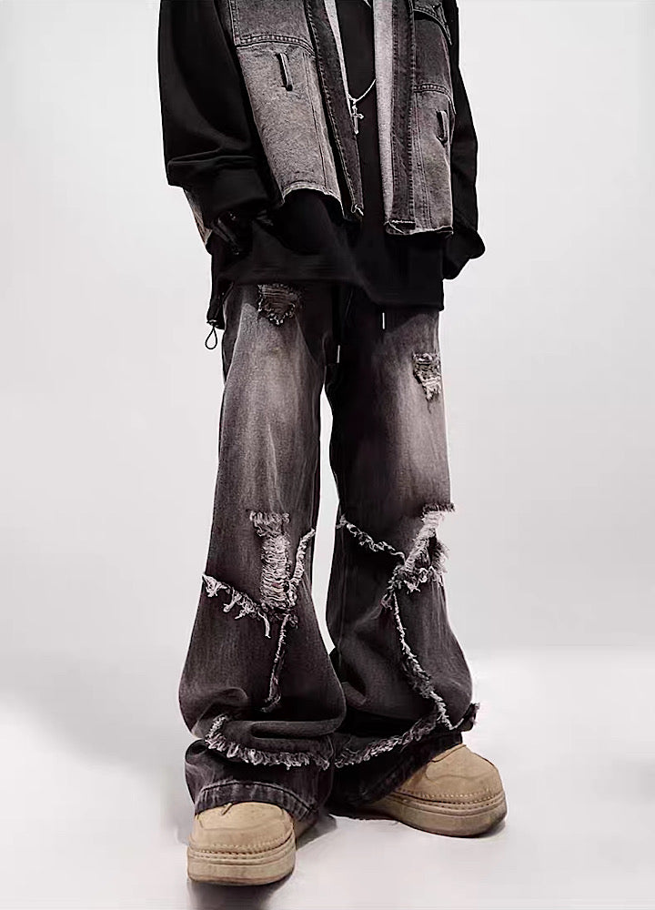 UUCSCC] Loose silhouette middle distressed black denim pants