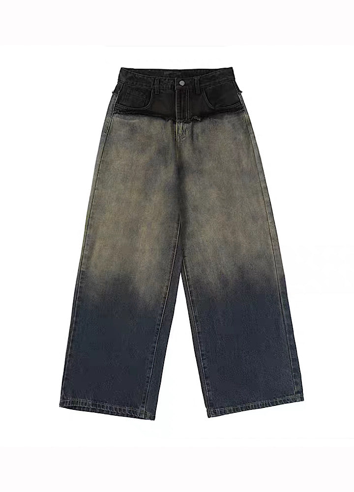 【H GANG X】Faded grunge style wide silhouette distressed denim pants  HX0015