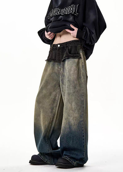 [H GANG X] Faded grunge style wide silhouette distressed denim pants HX0015