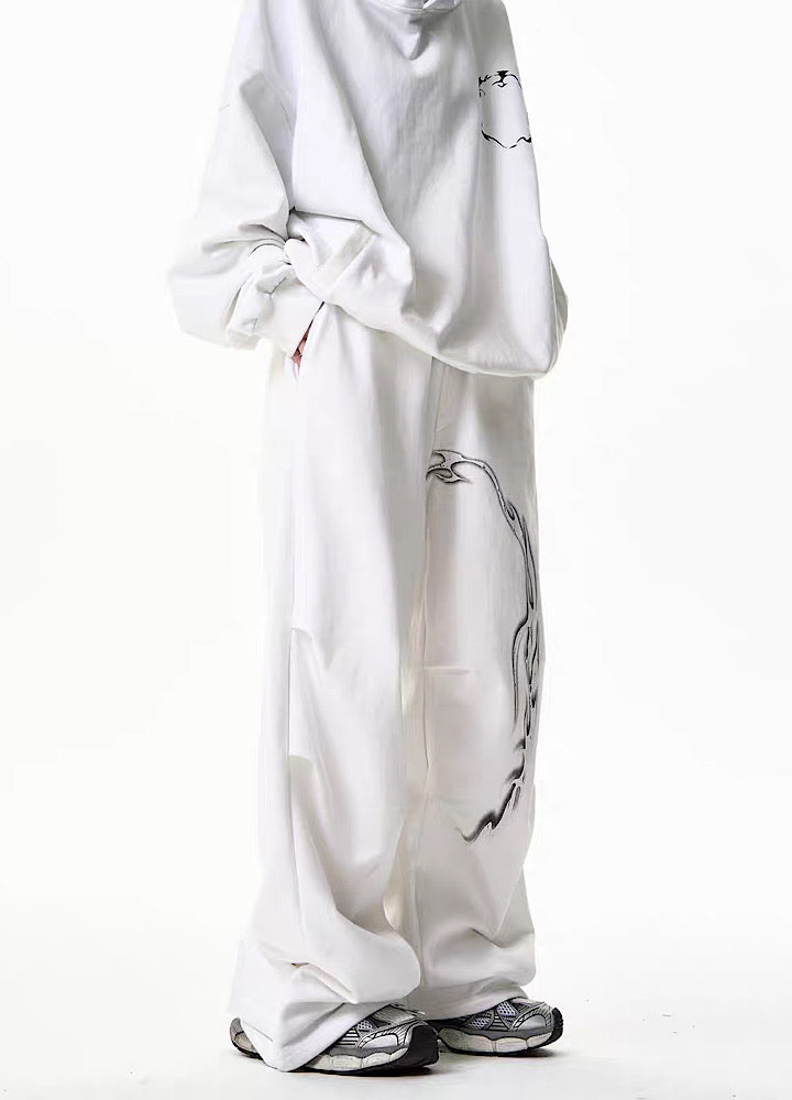 [H GANG X] Single silver flame design wide overpants HX0016