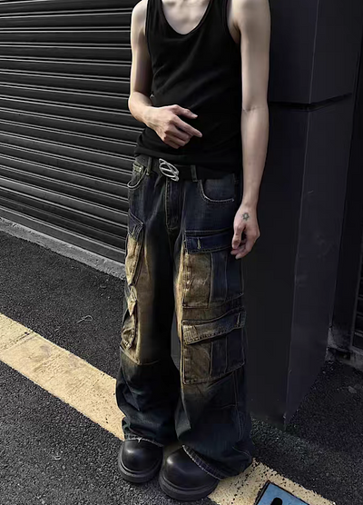 【MAXDSTR】Double pocket design grunge style cargo denim pants  MD0115