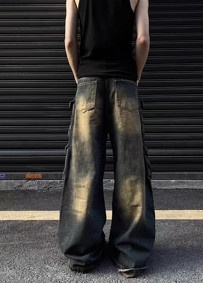 [MAXDSTR] Double pocket design grunge style cargo denim pants MD0115