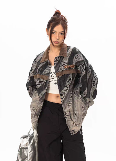 [BLACK BB] Gradient grunge design full distressed denim jacket BK0003