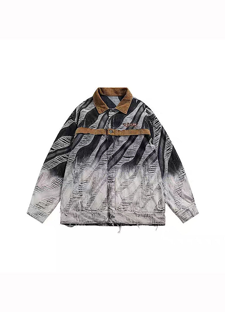 [BLACK BB] Gradient grunge design full distressed denim jacket BK0003