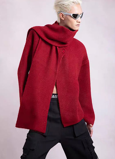 【PLAN1ONE】Muffler hood gimmick design knit sweater  PL0033