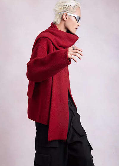 【PLAN1ONE】Muffler hood gimmick design knit sweater  PL0033