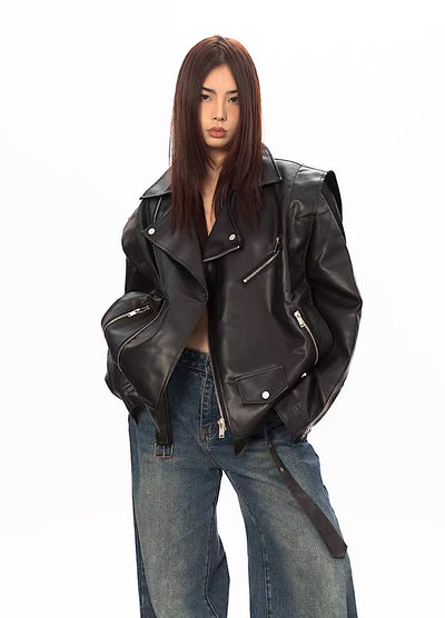 【BLACK BB】Gimmick Silhouette Orb Faux Leather Jacket  BK0005