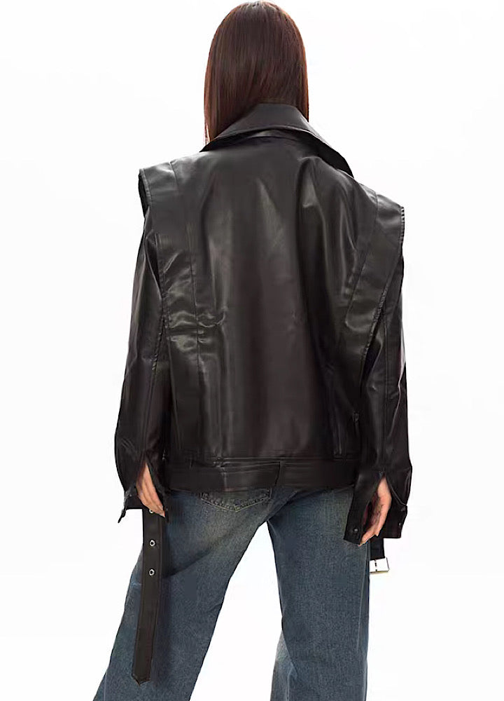 [BLACK BB] Gimmick Silhouette Orb Faux Leather Jacket BK0005