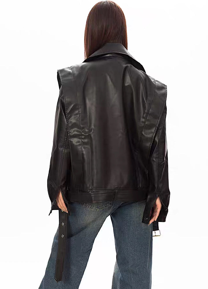 BLACK BB] Gimmick Silhouette Orb Faux Leather Jacket BK0005