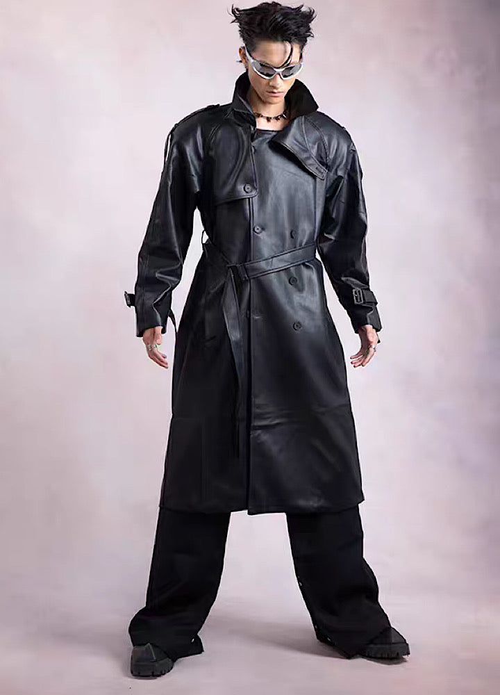 [PLAN1ONE] Leather gloss silhouette orb laser coat PL0035