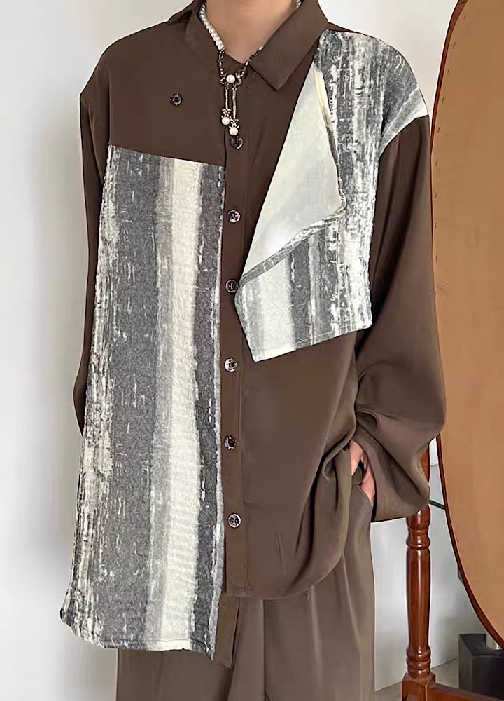 [14GSL] Two fabrics mixed plus design asymmetric shirt GS0001