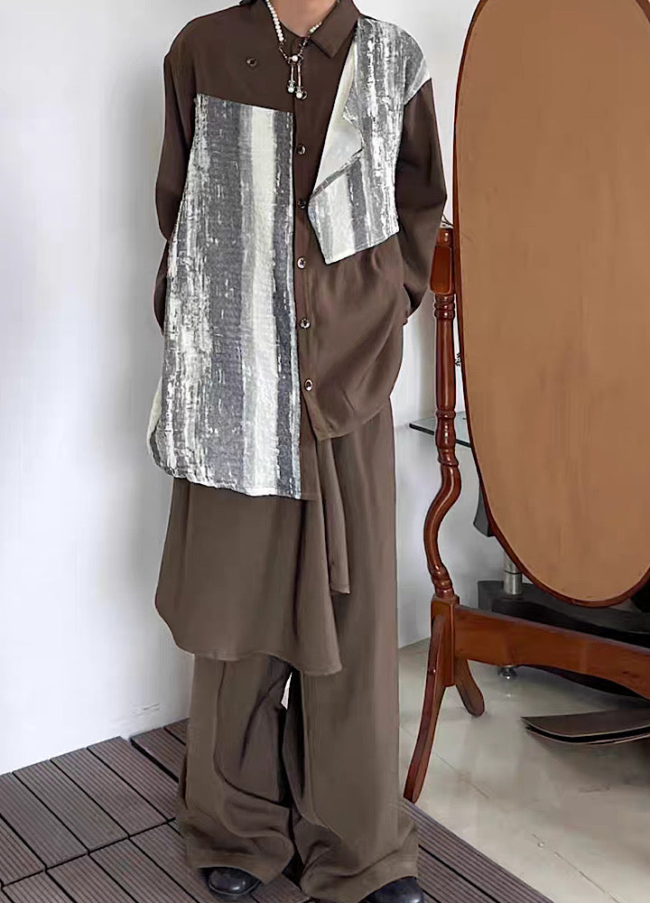 [14GSL] Two fabrics mixed plus design asymmetric shirt GS0001