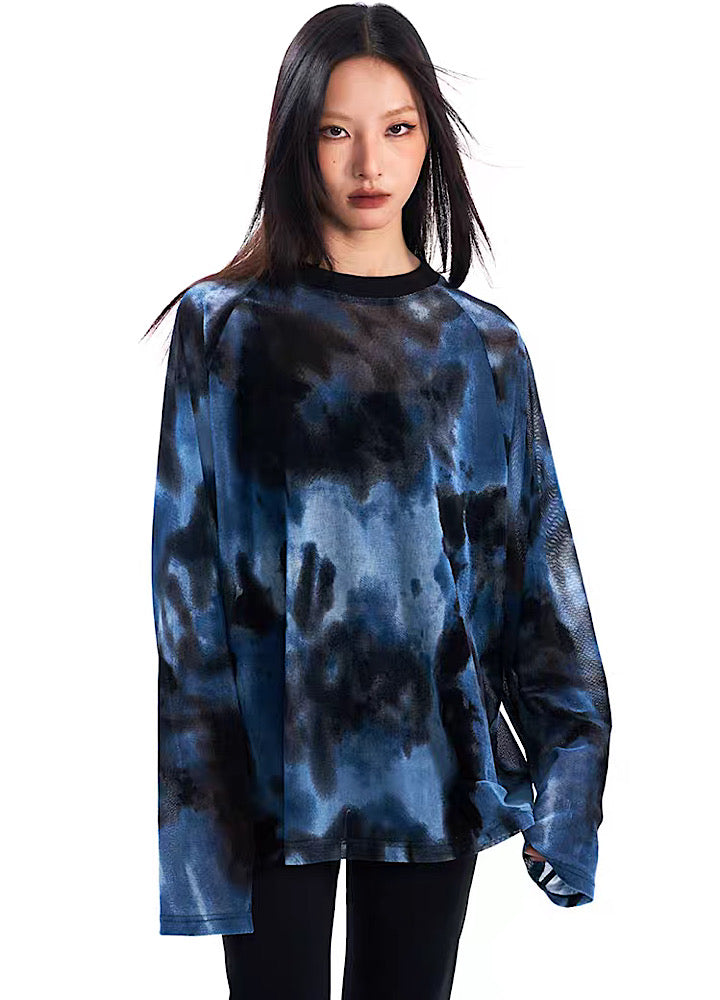 [THELIGHT] Random pattern blue color see-through design long sleeve T-shirt TL0012