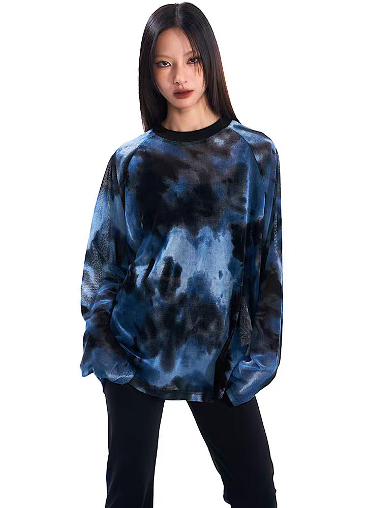 [THELIGHT] Random pattern blue color see-through design long sleeve T-shirt TL0012