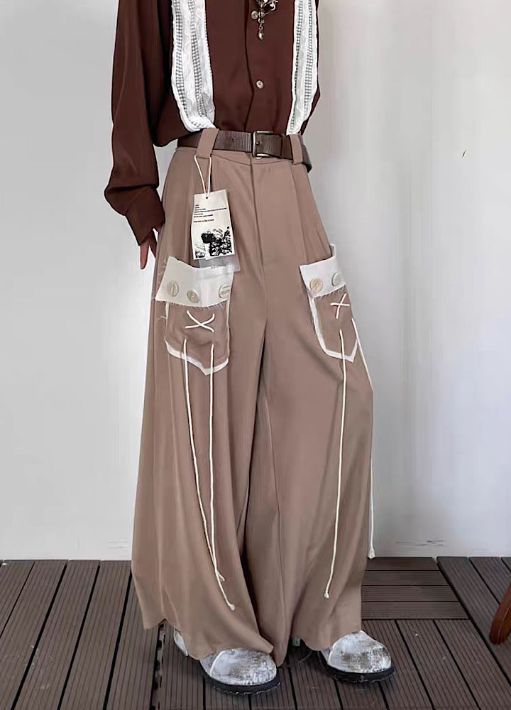 [14GSL] Front pocket design suspender line loose pants GS0006