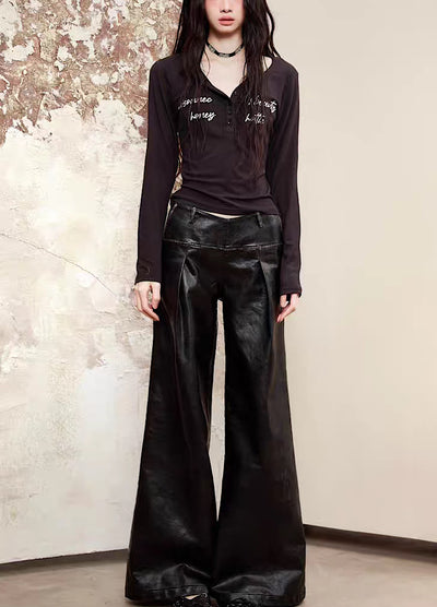 【398temp】Center press flare silhouette covered leather pants  TM0002