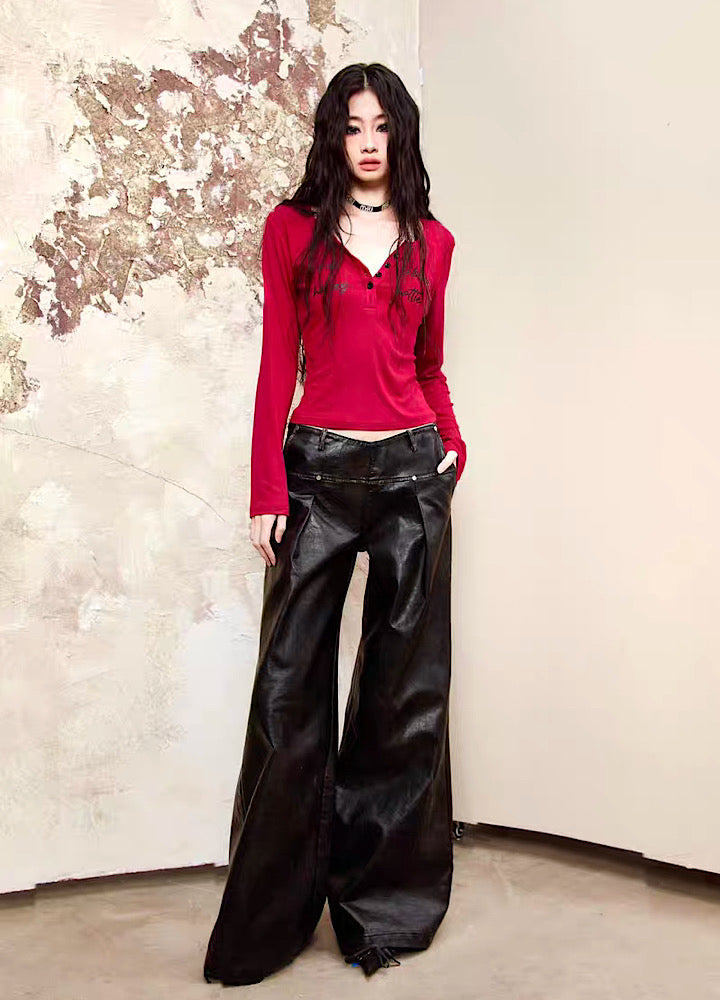 [398temp] Center press flare silhouette covered leather pants TM0002