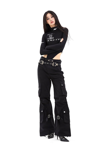 [398temp] High belt gimmick slide black cargo pants TM0003