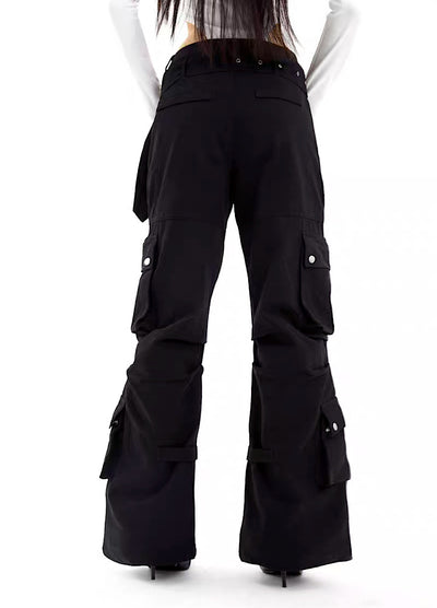 【398temp】High belt gimmick slide black cargo pants  TM0003