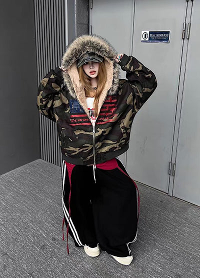 【TR BRUSHSHIFT】Front national flag vintage design over fur hoodie jacket  TB0071