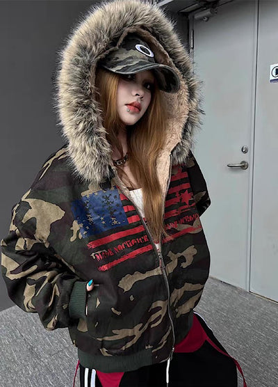 【TR BRUSHSHIFT】Front national flag vintage design over fur hoodie jacket  TB0071