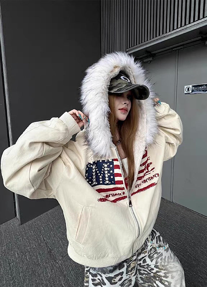 【TR BRUSHSHIFT】Front national flag vintage design over fur hoodie jacket  TB0071